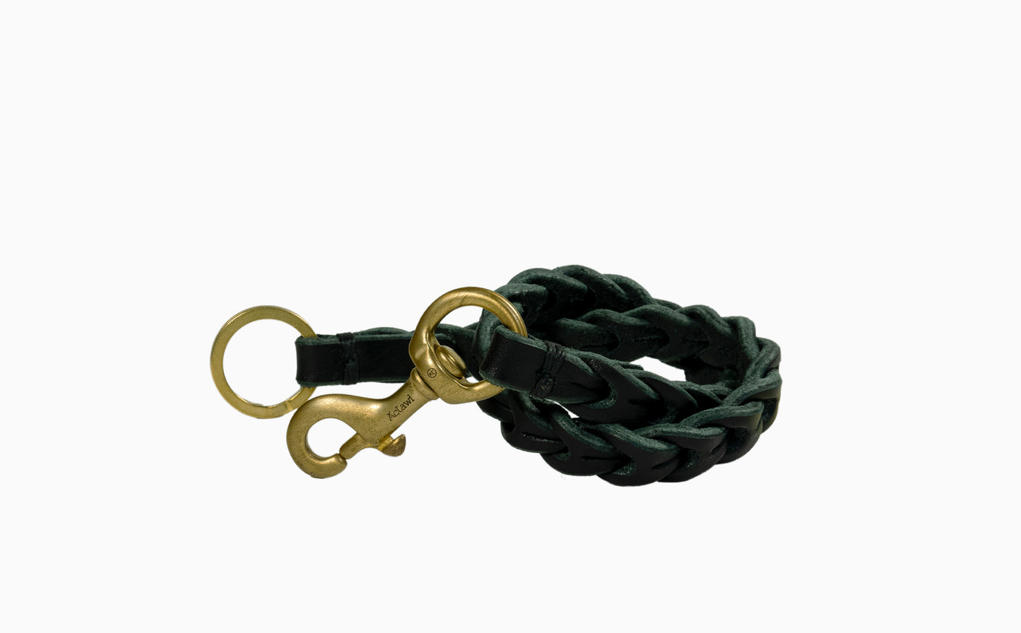 handcrafted braided chain / vegetable tanned bullhide leather with natural edge / signature solid brass snap hook / solid brass split ring / hand sewed with waxed linen thread / crafted in Italy