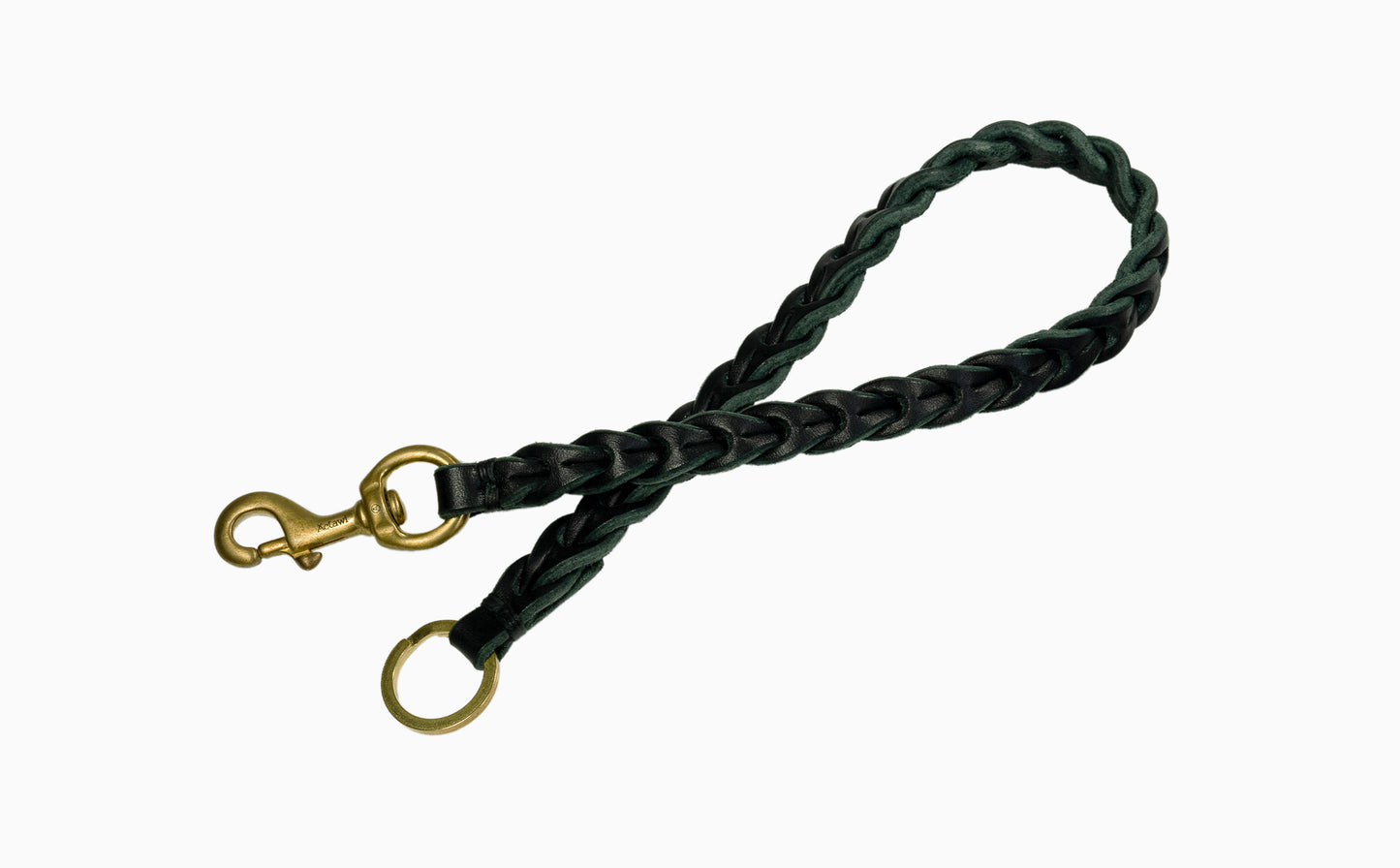 handcrafted braided chain / vegetable tanned bullhide leather with natural edge / signature solid brass snap hook / solid brass split ring / hand sewed with waxed linen thread / crafted in Italy