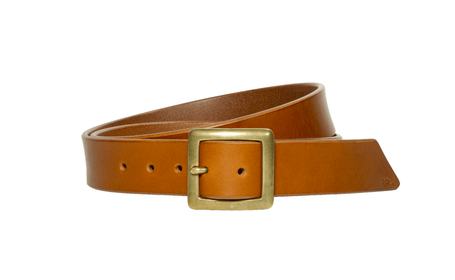 Light brown vegetable tanned leather belt with a square buckle in raw brass, hand-sewn with waxed linen thread