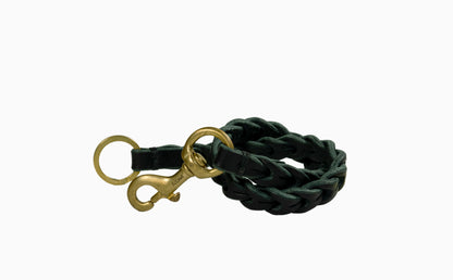 handcrafted braided chain / vegetable tanned bullhide leather with natural edge / signature solid brass snap hook / solid brass split ring / hand sewed with waxed linen thread / crafted in Italy