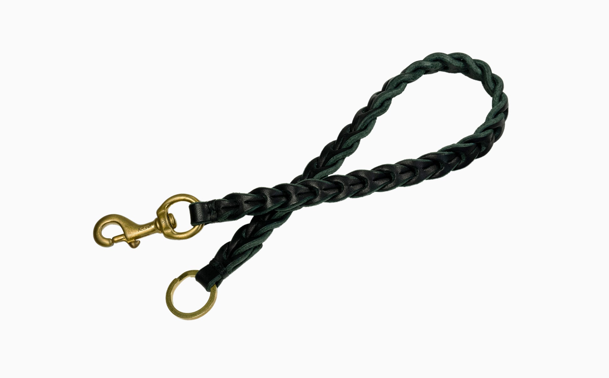 handcrafted braided chain / vegetable tanned bullhide leather with natural edge / signature solid brass snap hook / solid brass split ring / hand sewed with waxed linen thread / crafted in Italy