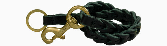 handcrafted braided chain / vegetable tanned bullhide leather with natural edge / signature solid brass snap hook / solid brass split ring / hand sewed with waxed linen thread / crafted in Italy
