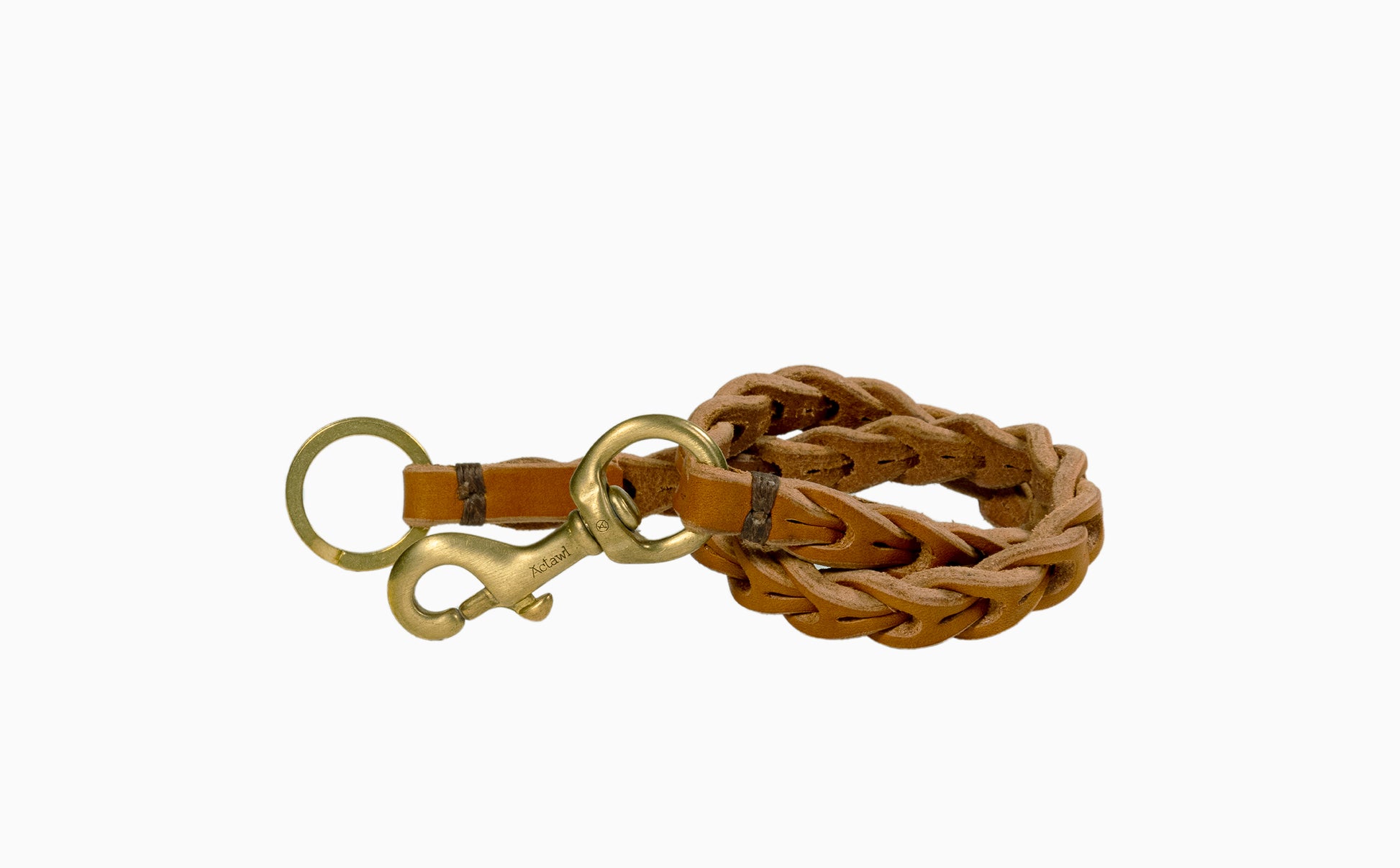handcrafted braided chain / vegetable tanned bullhide leather with natural edge / signature solid brass snap hook / solid brass split ring / hand sewed with waxed linen thread / crafted in Italy