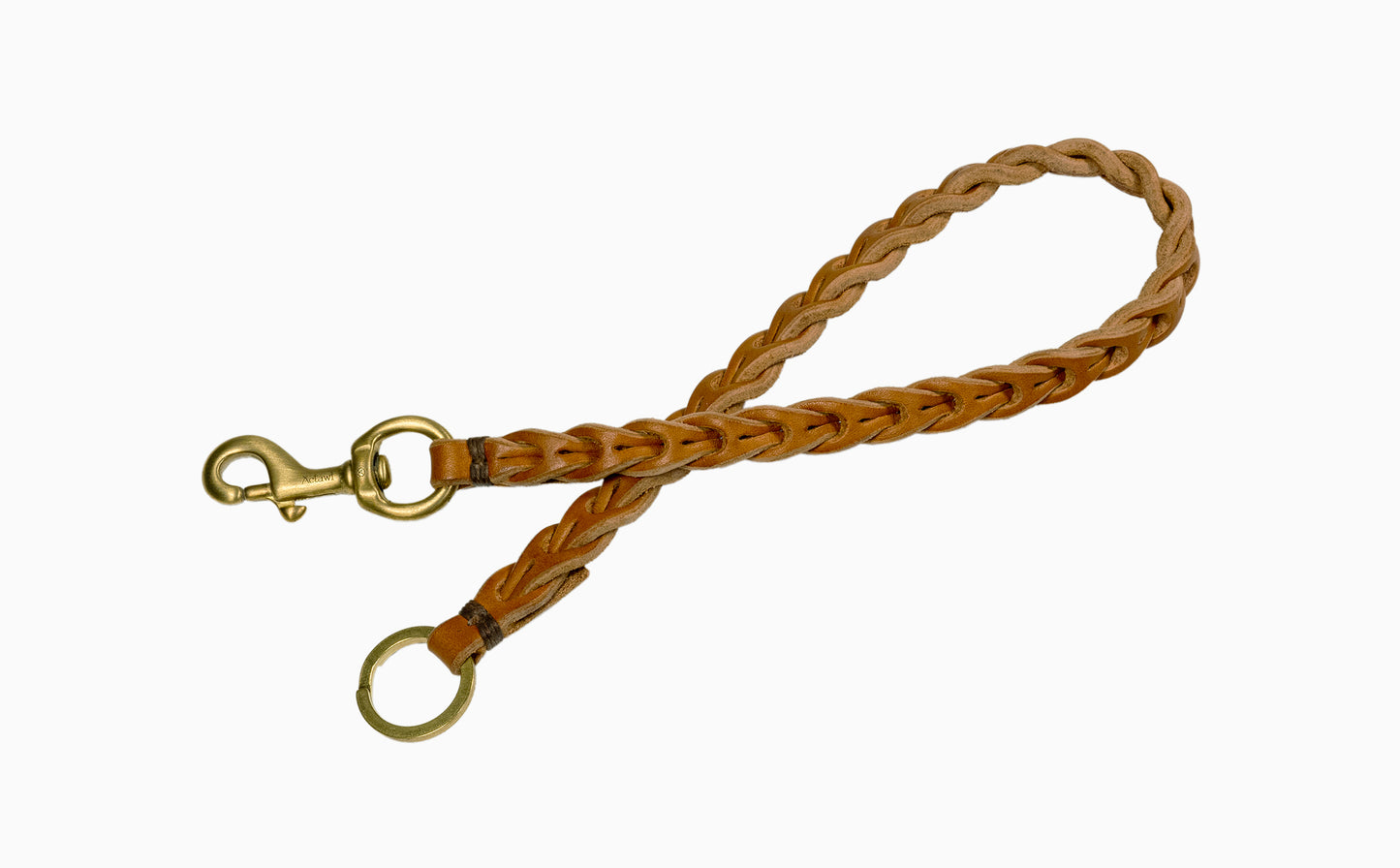 handcrafted braided chain / vegetable tanned bullhide leather with natural edge / signature solid brass snap hook / solid brass split ring / hand sewed with waxed linen thread / crafted in Italy