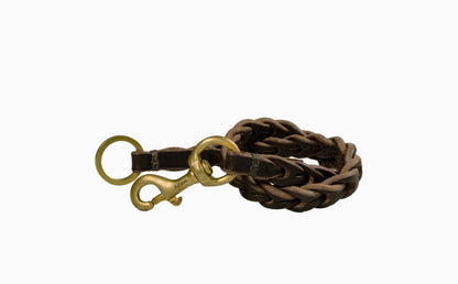 handcrafted braided chain / vegetable tanned bullhide leather with natural edge / signature solid brass snap hook / solid brass split ring / hand sewed with waxed linen thread / crafted in Italy
