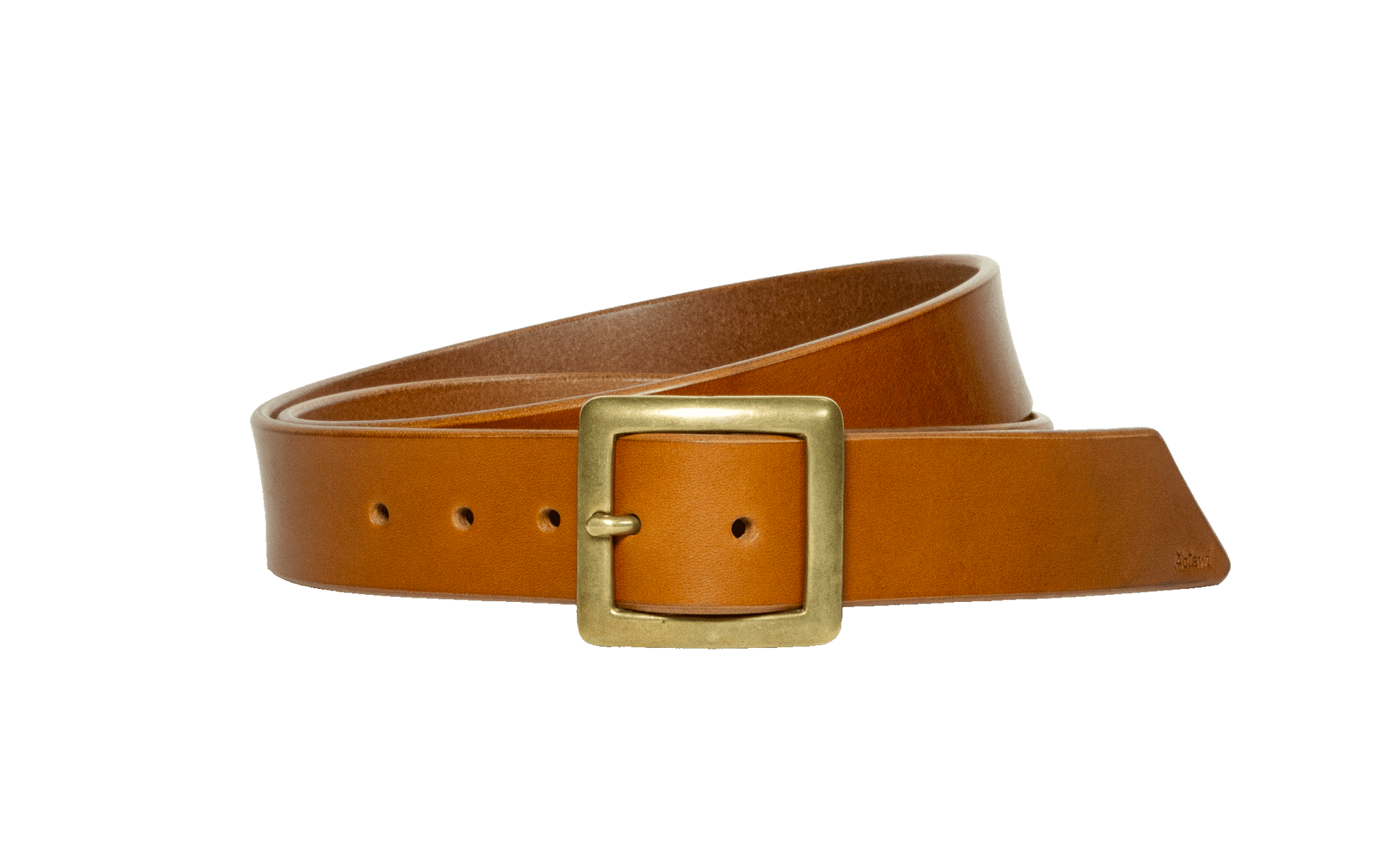 Light brown vegetable tanned leather belt with a square buckle in raw brass, hand-sewn with waxed linen thread