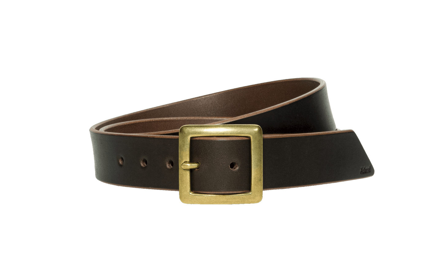 Dark brown vegetable tanned leather belt with a square buckle in raw brass, hand-sewn with waxed linen thread