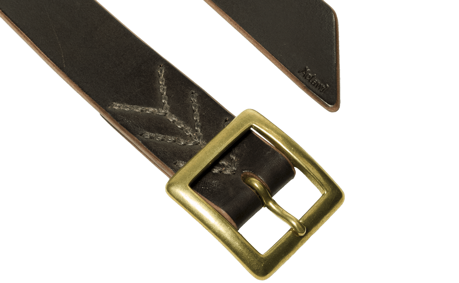 Detail of the buckle and tail of the dark brown vegetable tanned leather belt with a square buckle in raw brass, hand-sewn with waxed linen thread